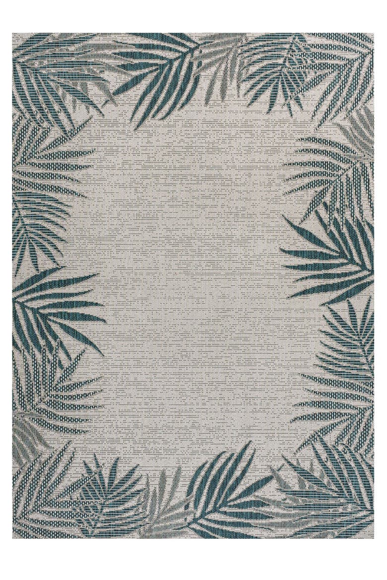 Isla Coastal Cottage Palm Frond Border Indoor/Outdoor Area Rug, Main, color, Blue/Cream