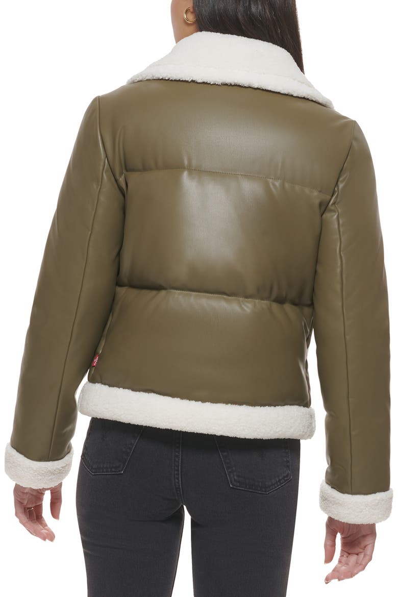 Faux Leather Puffer Jacket with Faux Shearling Trim, Alternate, color, OLIVE