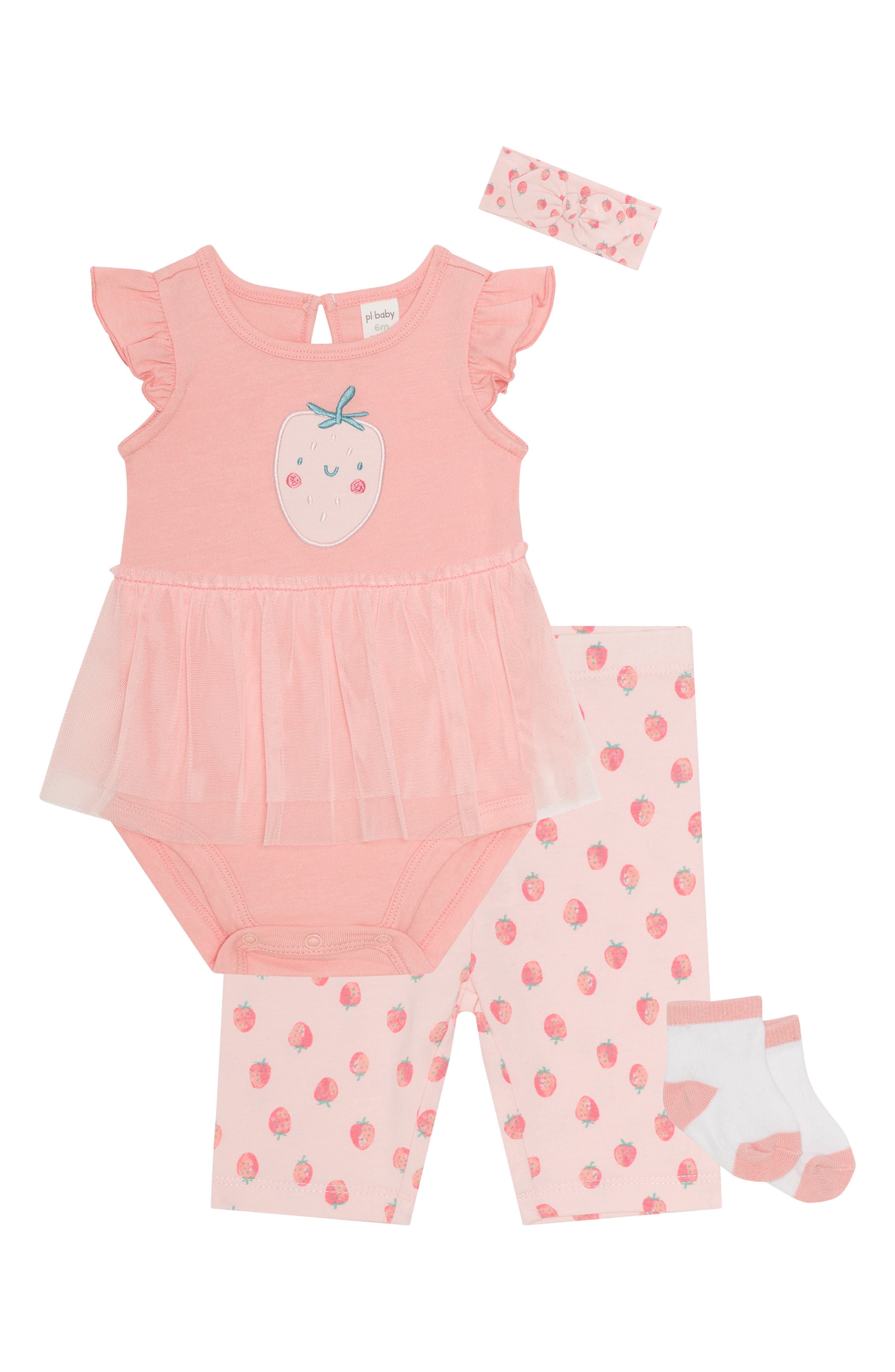 PL Baby by Petit Lem Strawberry Tutu Bodysuit, Leggings, Socks & Headband Set