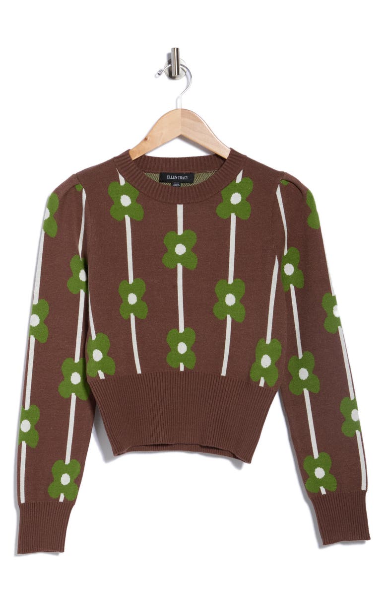 Ellen Tracy Floral Jacquard Sweater, Alternate, color, Brown