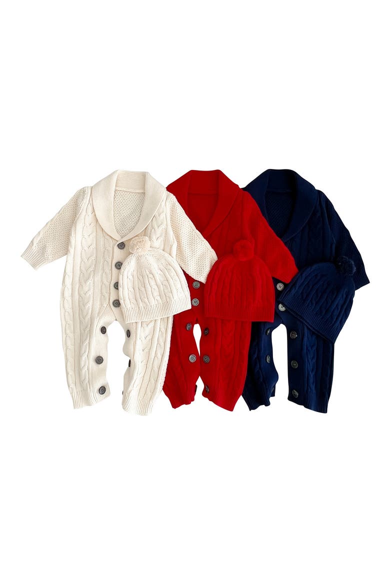 Rio Knit Cotton Romper & Pom Beanie Set, Alternate, color, WHITE