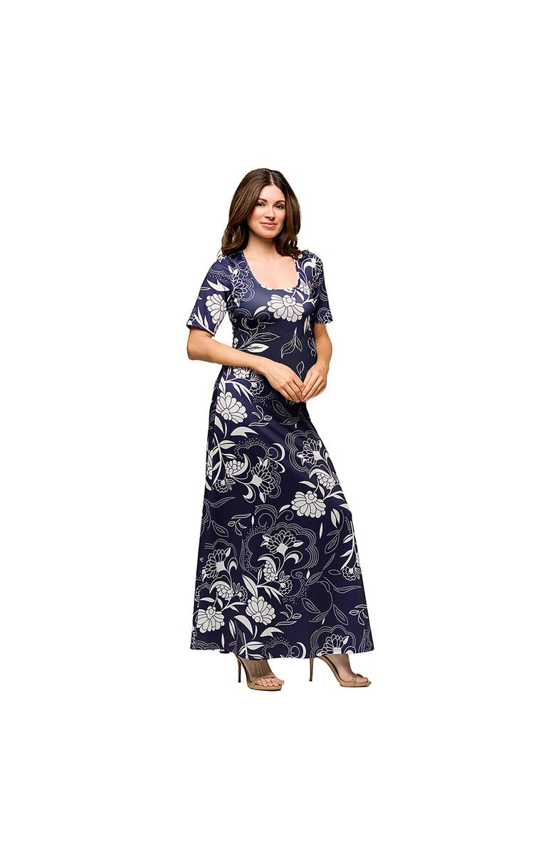 24seven Comfort Apparel Maternity Blue Floral Print Elbow Sleeve Casual A-Line Maxi Dress, Alternate, color, Blue Multi