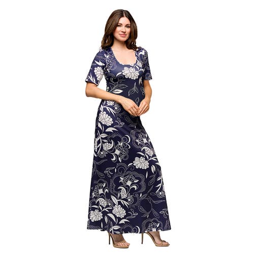 24seven Comfort Apparel Maternity Blue Floral Print Elbow Sleeve Casual A-line Maxi Dress