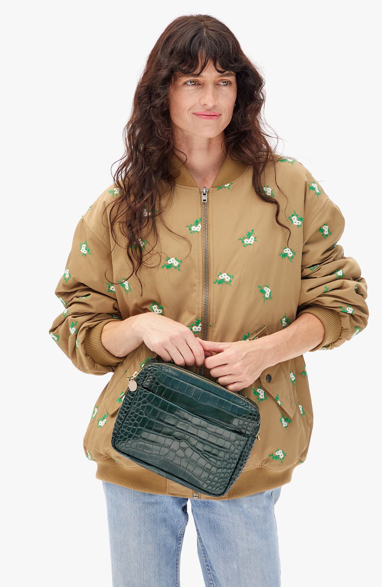 Clare V. Mirabel Croc Embossed Leather Crossbody Bag, Alternate, color, Deep Pine