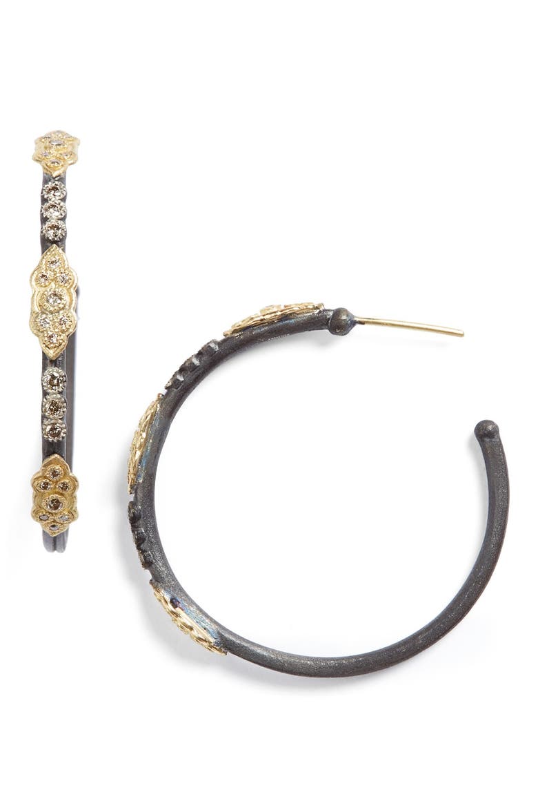 Old World Diamond Hoop Earrings, Main, color, BLACKENED SILVER/ YELLOW GOLD