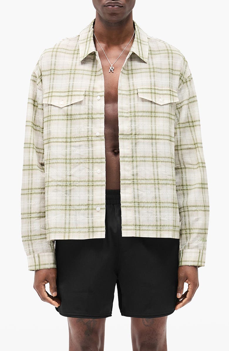 Represent Plaid Texture Sheer Flannel Button-Up Shirt, Main, color, Green