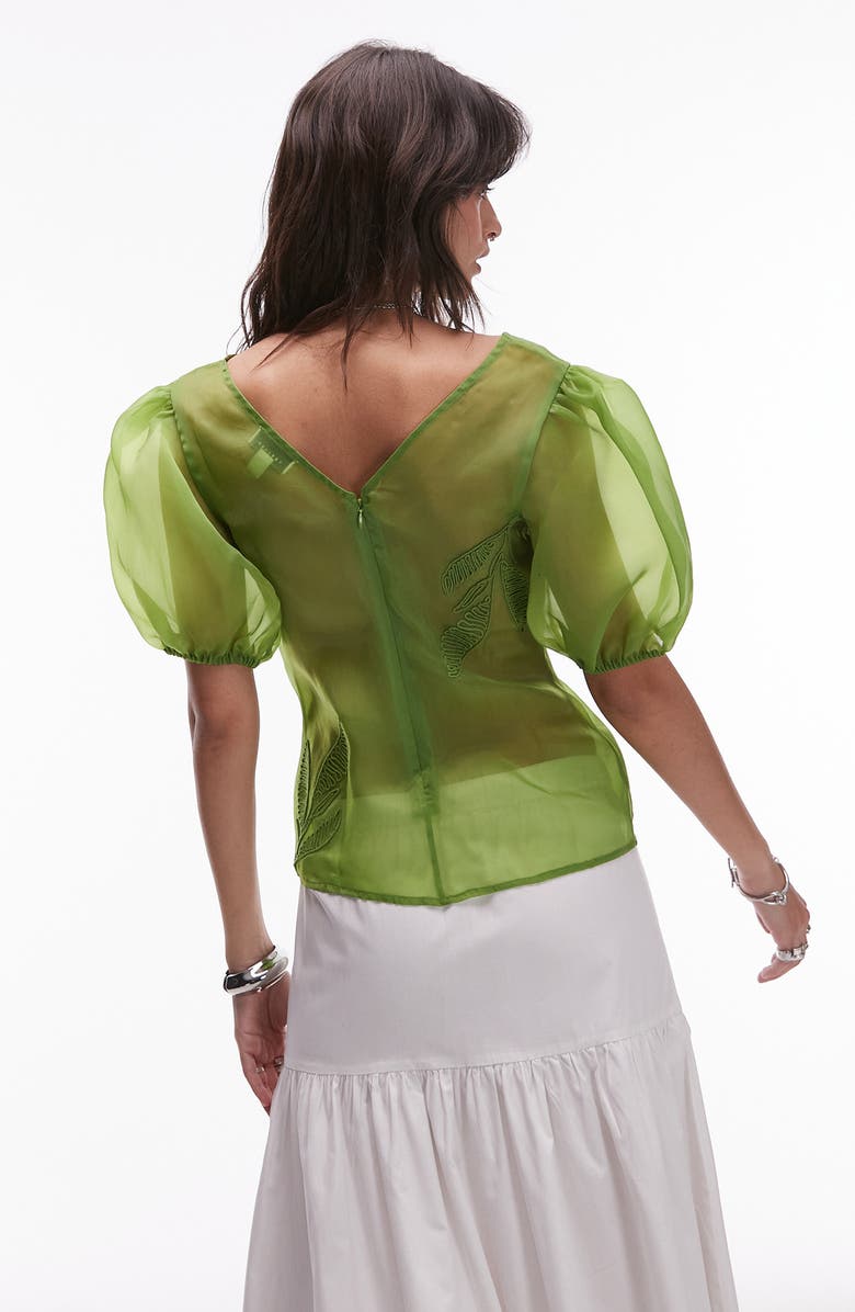 Topshop Embroidered Puff Sleeve Top, Alternate, color, Medium Green