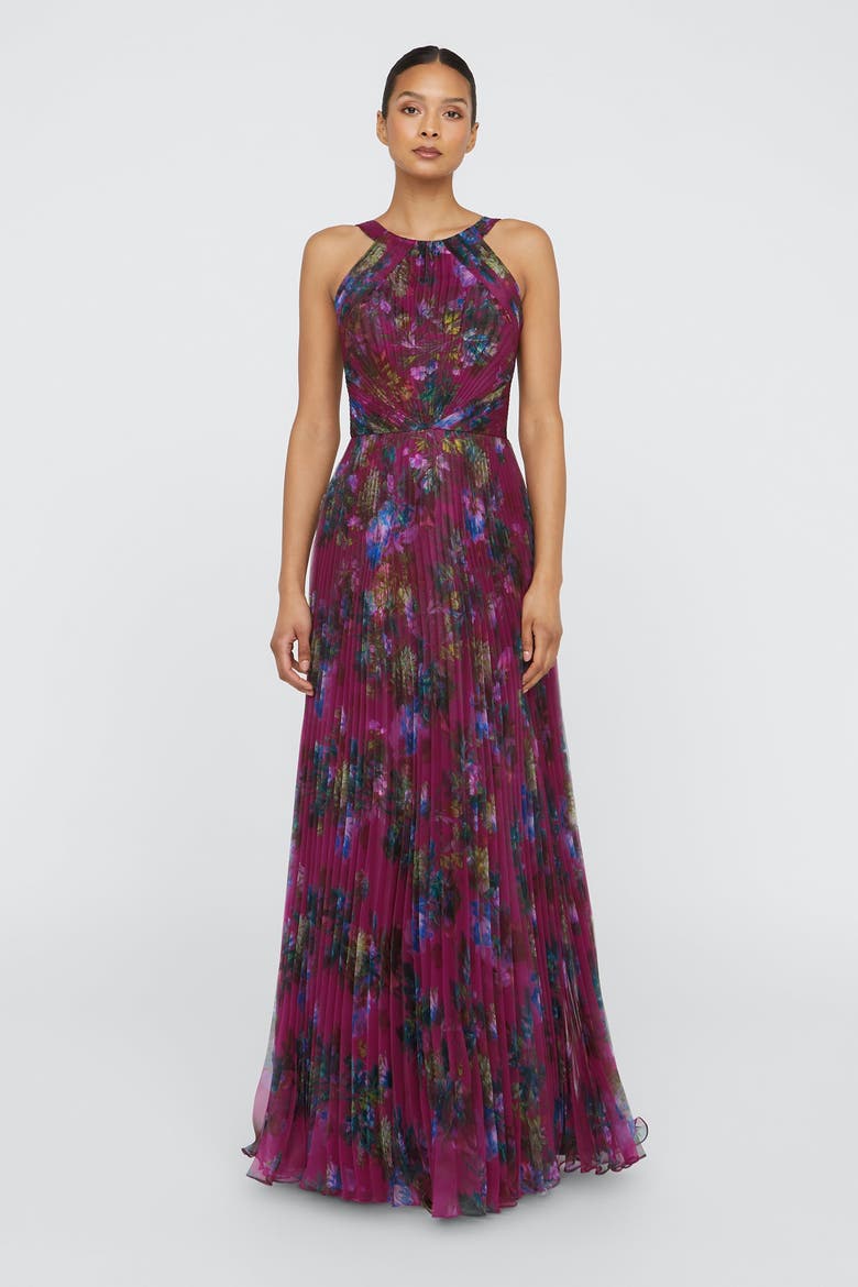 Naveen Pleated Gown, Main, color, Sangria Poppy Stripe