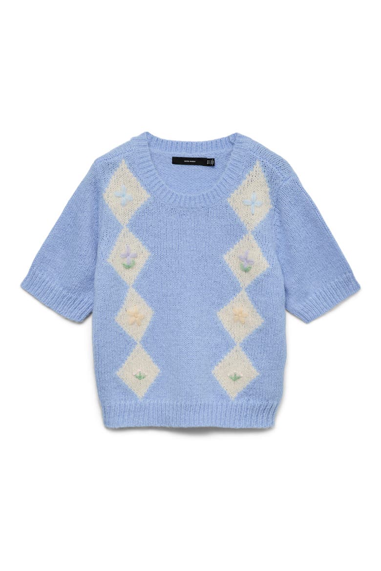 Madden Floral Argyle Plaid Short Sleeve Sweater, Alternate, color, BRUNNERA BLUE