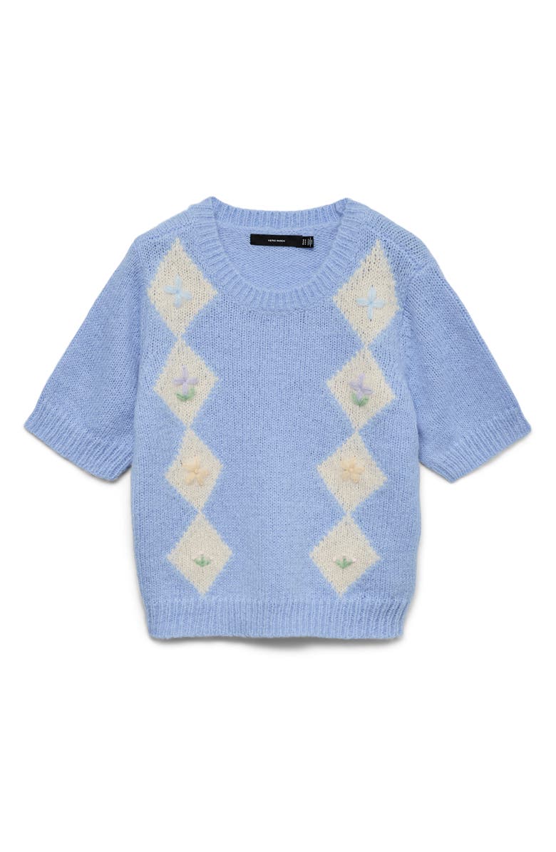 VERO MODA Madden Floral Argyle Plaid Short Sleeve Sweater, Alternate, color, Brunnera Blue