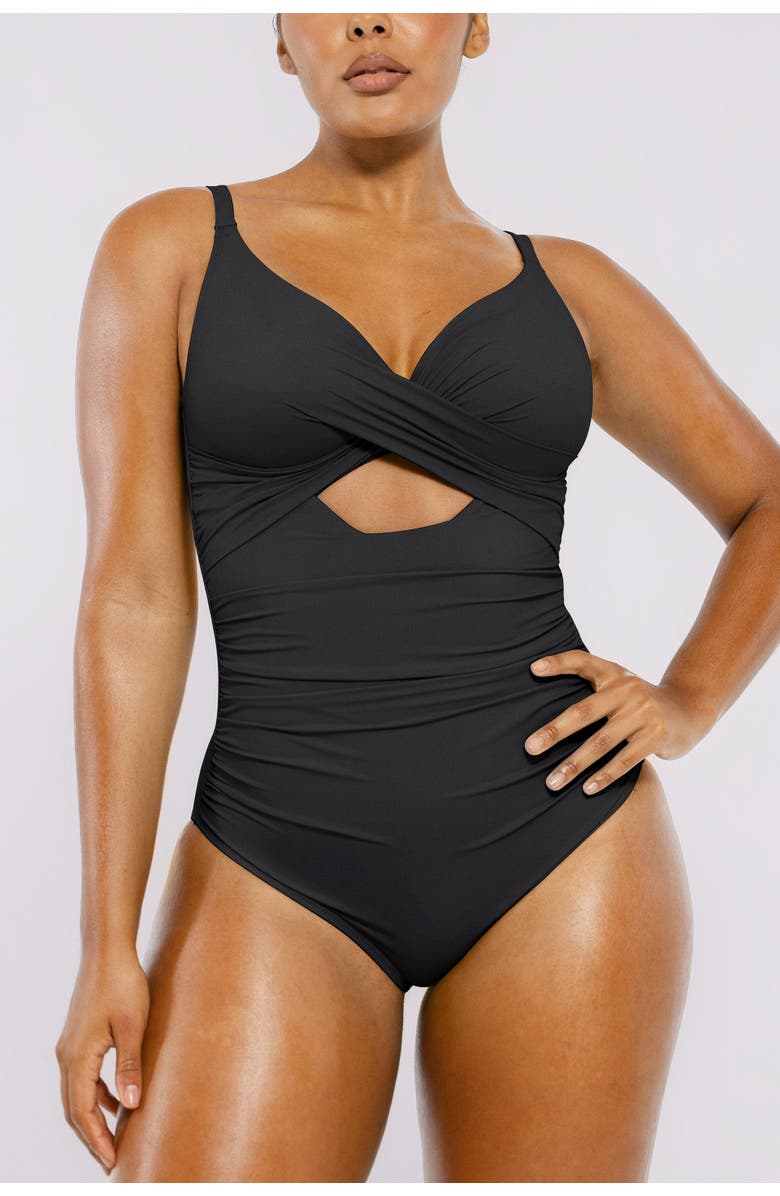 Shapellx Cutout-Front Tummy Control One-Piece Swimsuit, Alternate, color, Jet Black