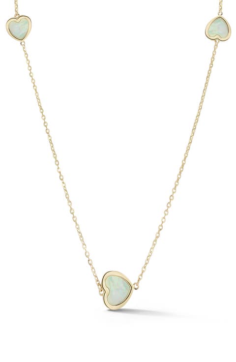 14K Gold Mother of Pearl Heart Station Necklace