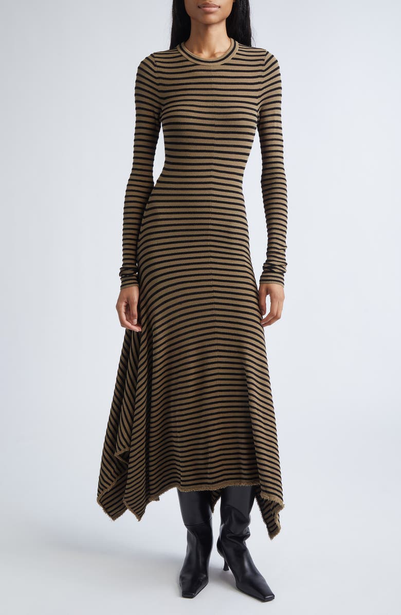 Proenza Schouler Didi Stripe Long Sleeve Dress, Main, color, Khaki/ Black