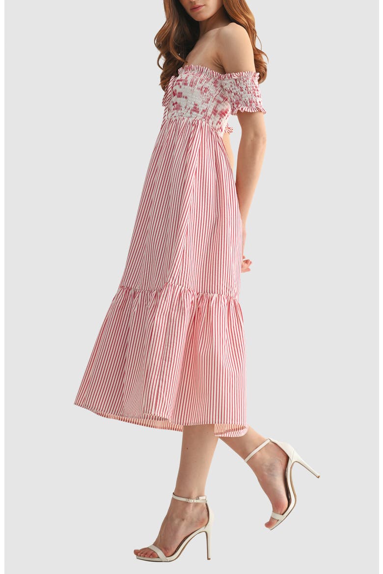 Smocked Off the Shoulder Midi Dress, Alternate, color, RED STRIPE
