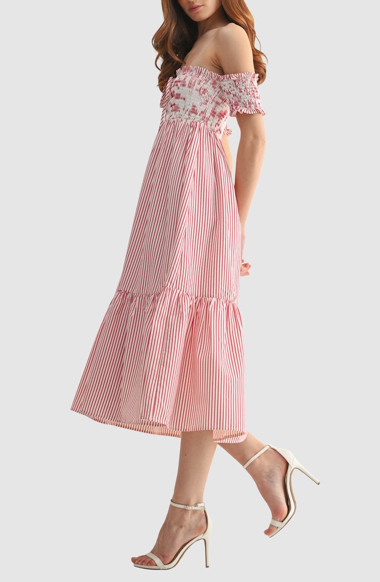 All in Favor Smocked Off the Shoulder Midi Dress, Alternate, color, Red Stripe