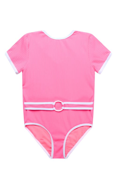 Shop Beach Lingo Kids' Coco Belted Short Sleeve One-piece Swimsuit In Watermelon