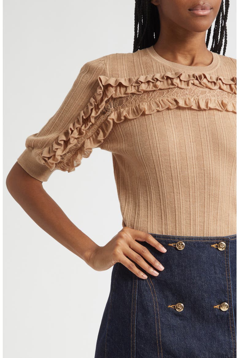 Salima Ruffle & Lace Merino Wool Sweater, Alternate, color, CAMEL MELANGE