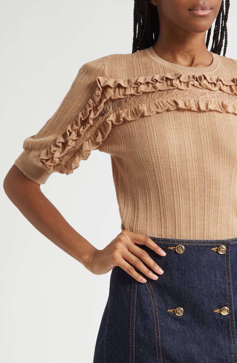 Ulla Johnson Salima Ruffle & Lace Merino Wool Sweater, Alternate, color, Camel Melange