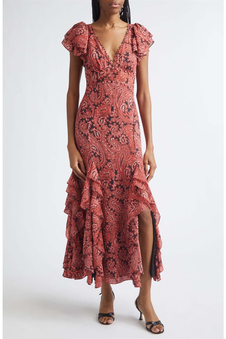 Joplin Hendrix Paisley Ruffle Detail Dress, Alternate, color, OBSIDIAN/ JASPER PINK