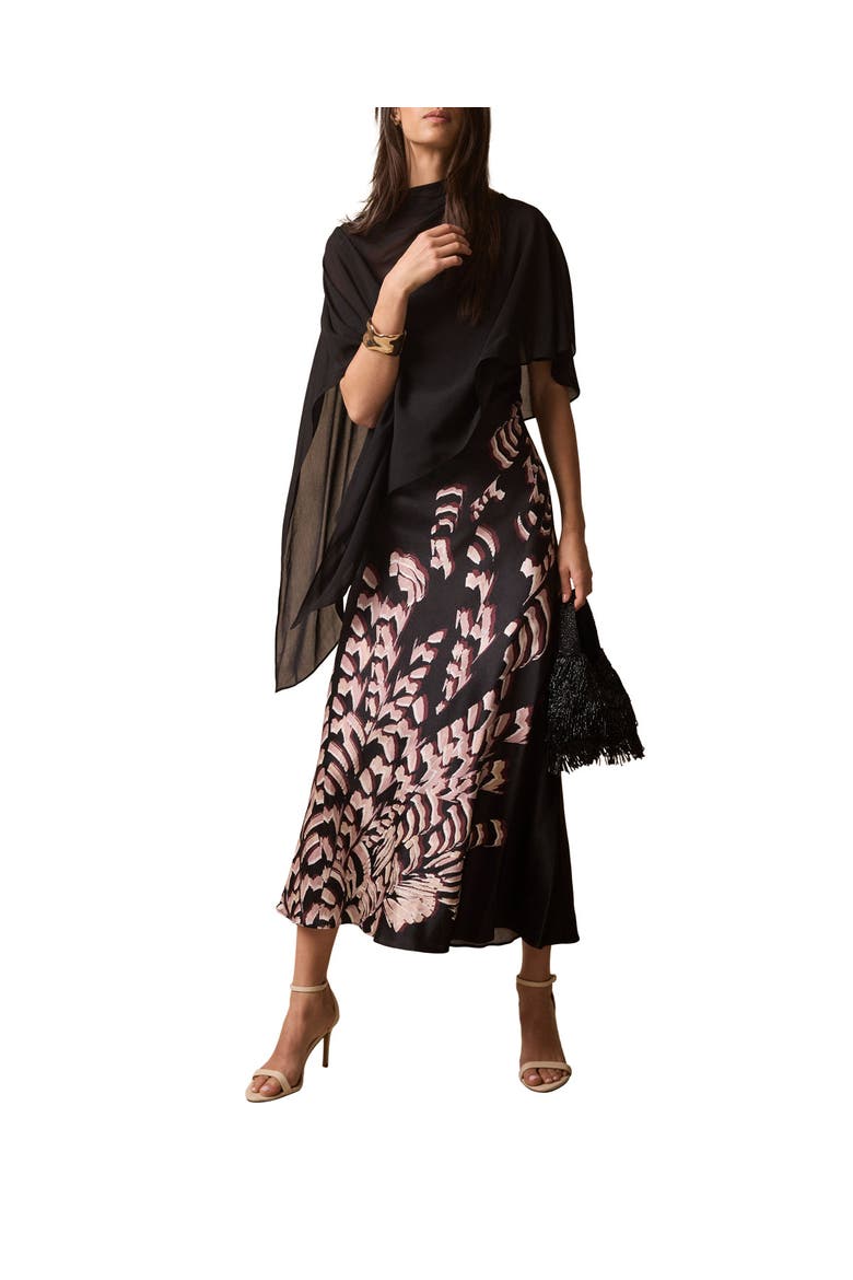 Satin Printed Cape Detail Maxi Dress, Alternate, color, Black