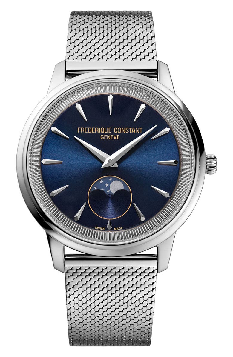 FREDERIQUE CONSTANT Classics Moneta Moonphase Milanese Mesh Strap Watch, 37mm, Main, color, Silver-Tone