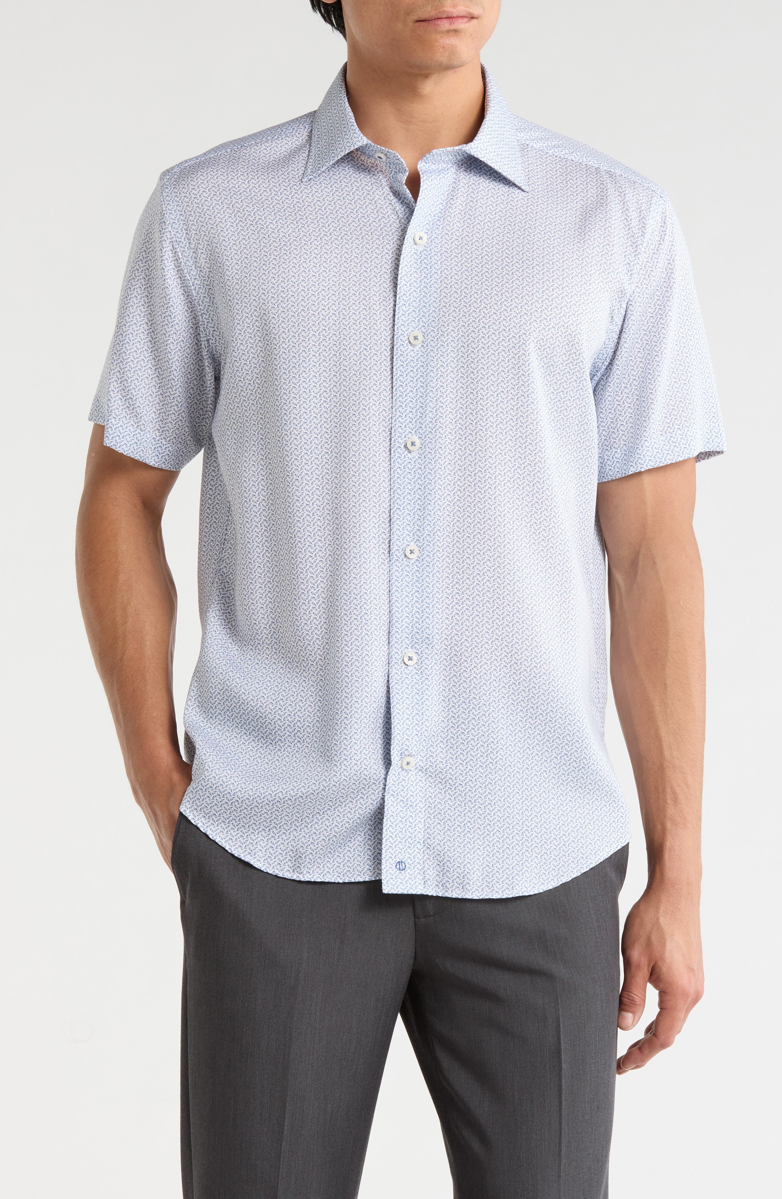 David Donahue Classic Fit Floral Print Short Sleeve Button-Up Shirt