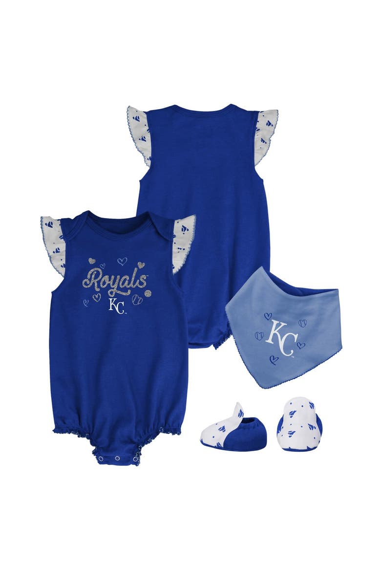 Girls Newborn & Infant Royal Kansas City Royals 3-Piece Home Plate Bodysuit Bib & Booties Set, Main, color, Royal