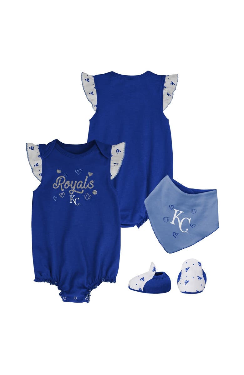Outerstuff Girls Newborn & Infant Royal Kansas City Royals 3-Piece Home Plate Bodysuit Bib & Booties Set, Main, color, 