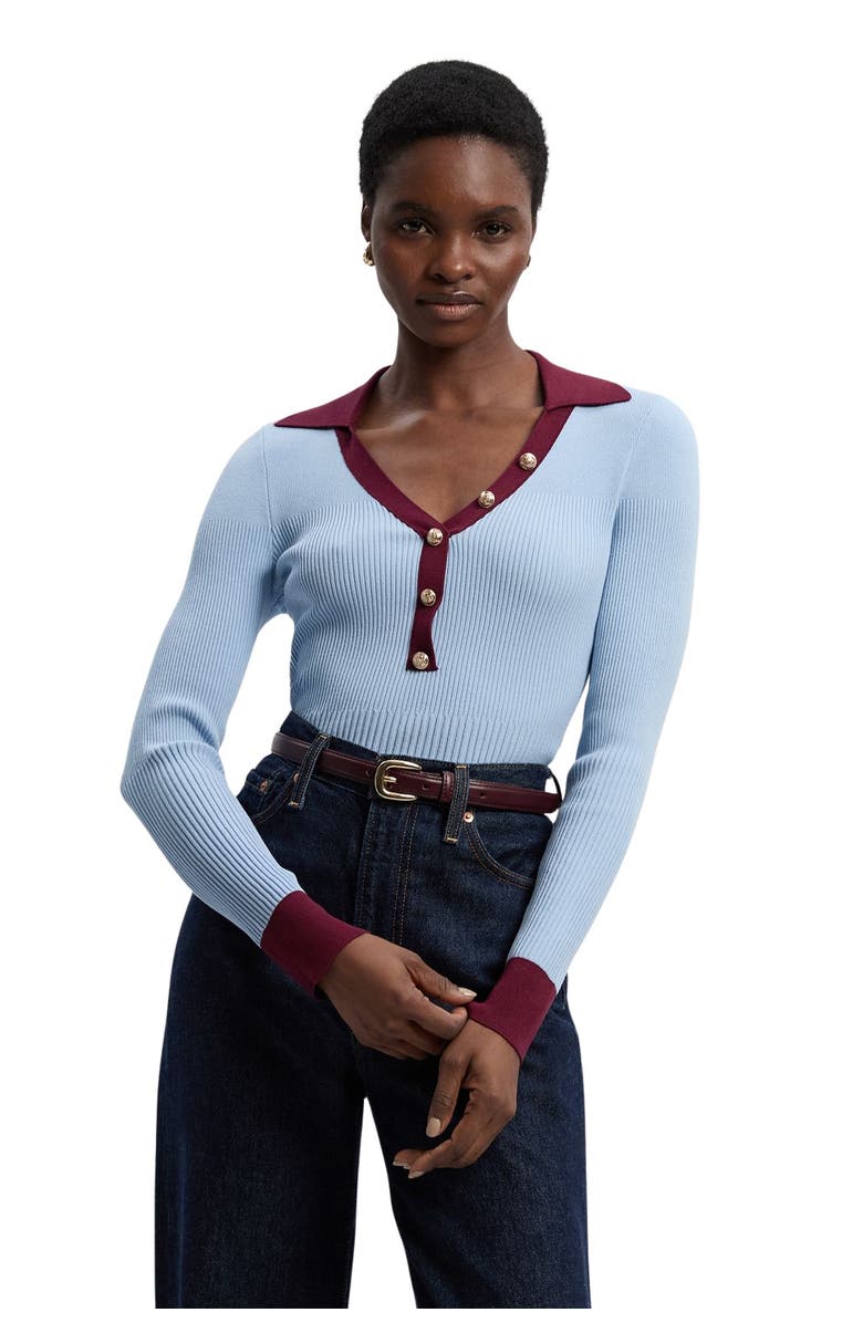 Karen Millen Rib Knit Contrast Hem Collared Top, Main, color, Light Blue