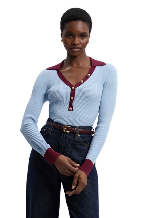 Rib Knit Contrast Hem Collared Top