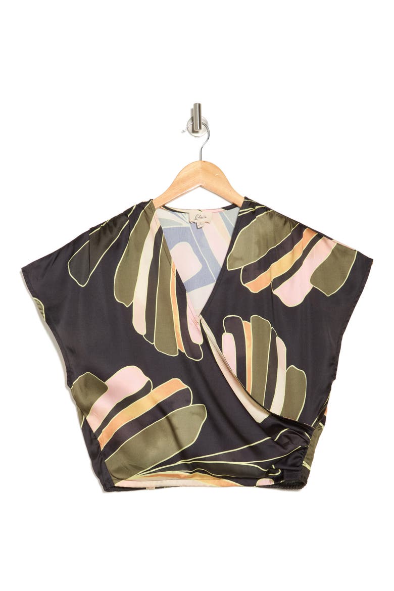 Palm Print Surplice Neck Cover-Up Crop Top, Alternate, color, BLACK MANILA PRINT