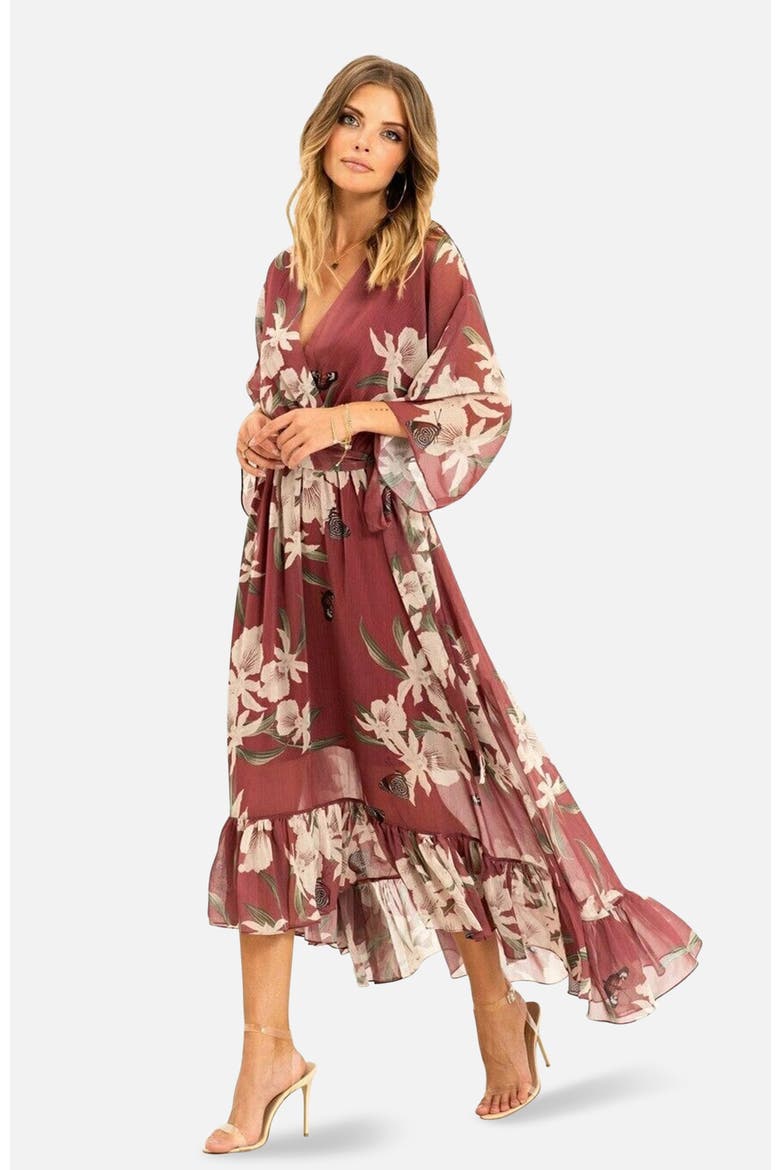 Floral Print Midi Wrap Dress, Main, color, Rose Pink