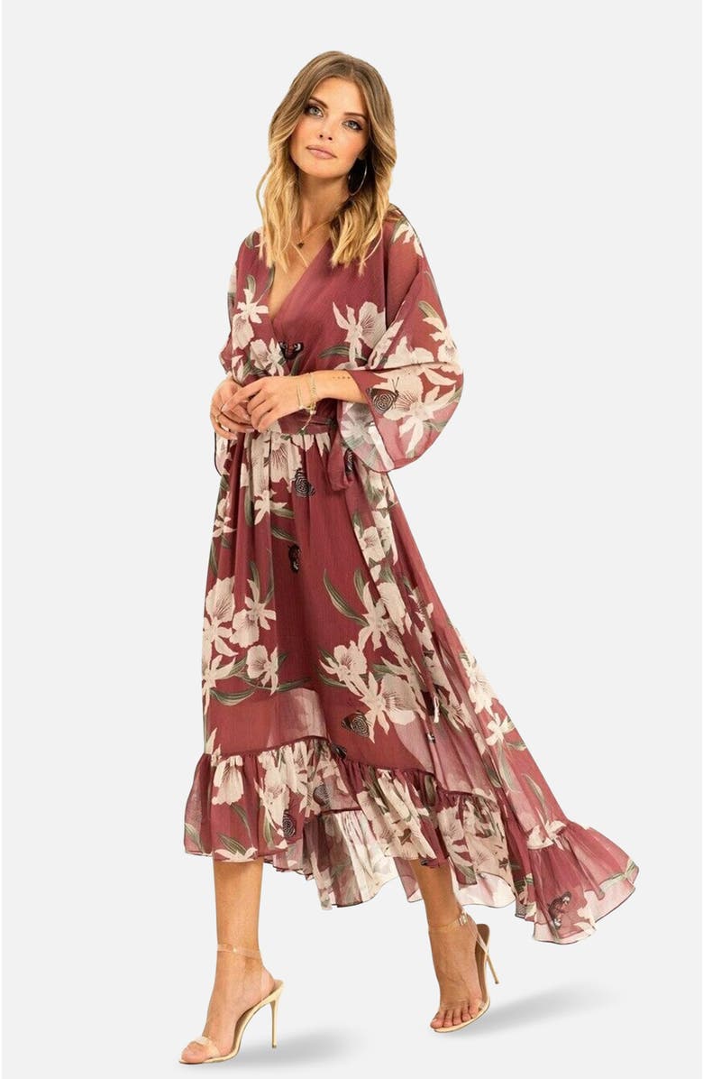 Yumi Floral Print Midi Wrap Dress, Main, color, Rose Pink