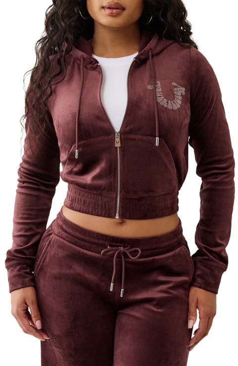 Shrunken Zip Front Velour Crop Hoodie