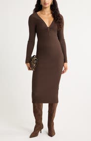 Open Edit Knot Front Long Sleeve Sweater Dress