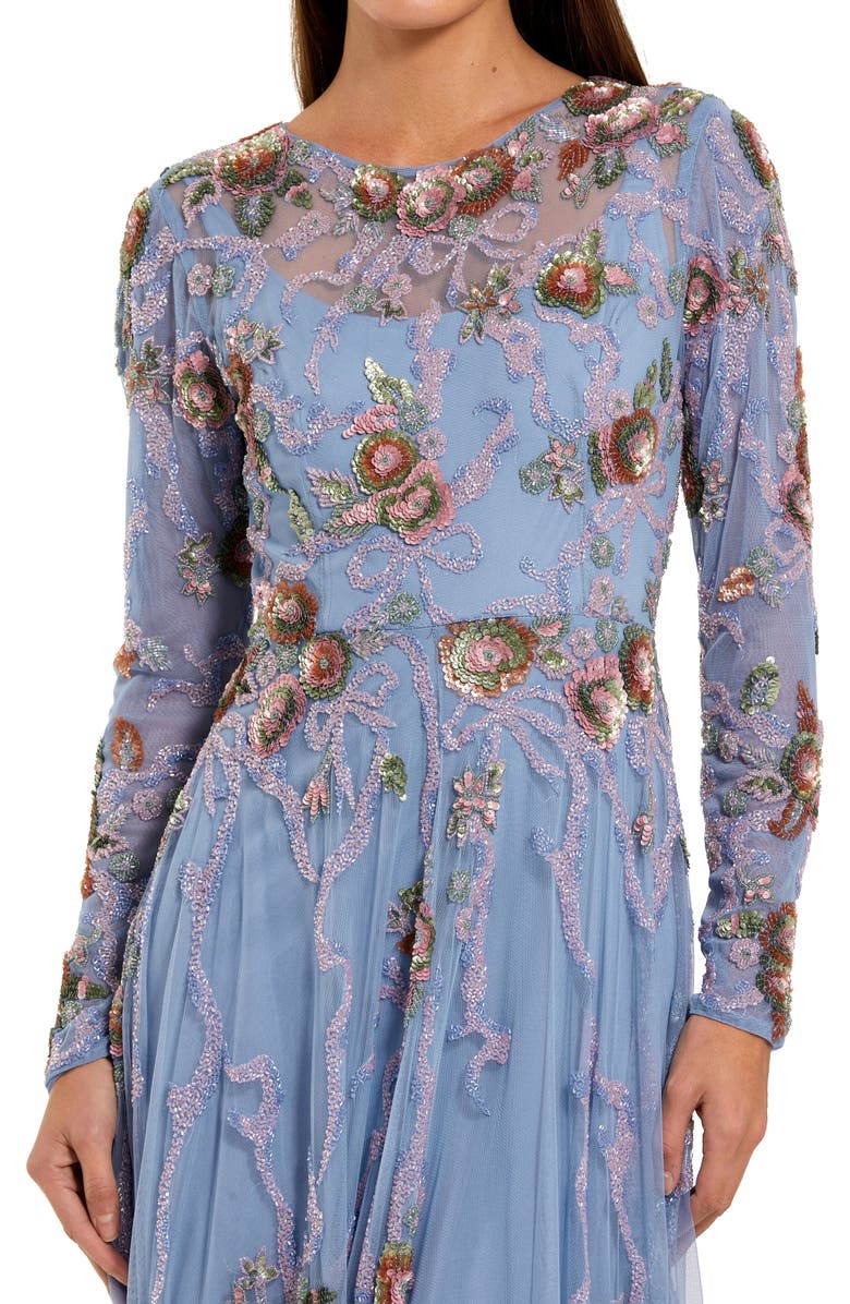 Mac Duggal Long Sleeve Embellished Floral A-Line Evening Gown, Alternate, color, Slate Blue