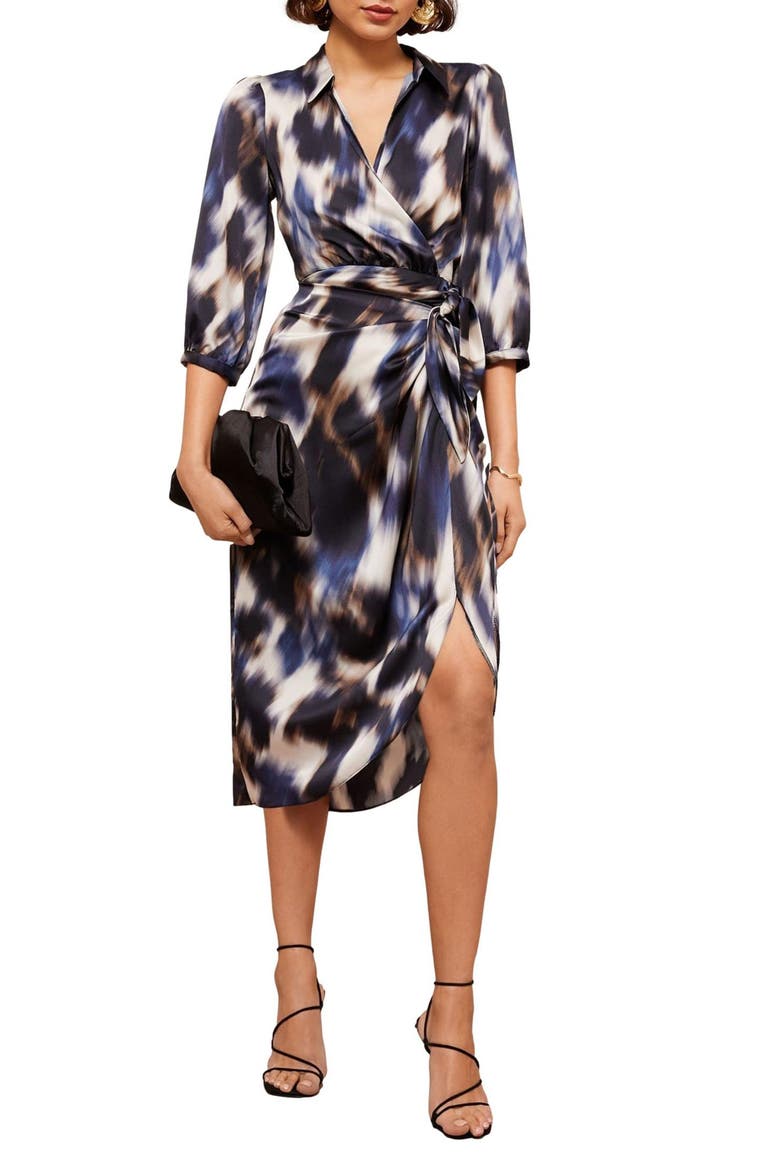 Abstract Print Satin Wrap Midi Dress, Main, color, BLUE