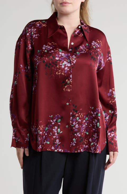 Forsythia Long Sleeve Silk Button-Up Shirt (Plus)