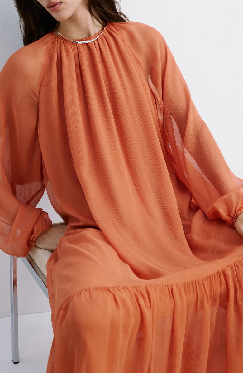 MANGO Ruffles Flowy Long Sleeve Chiffon Maxi Dress, Alternate, color, Orange