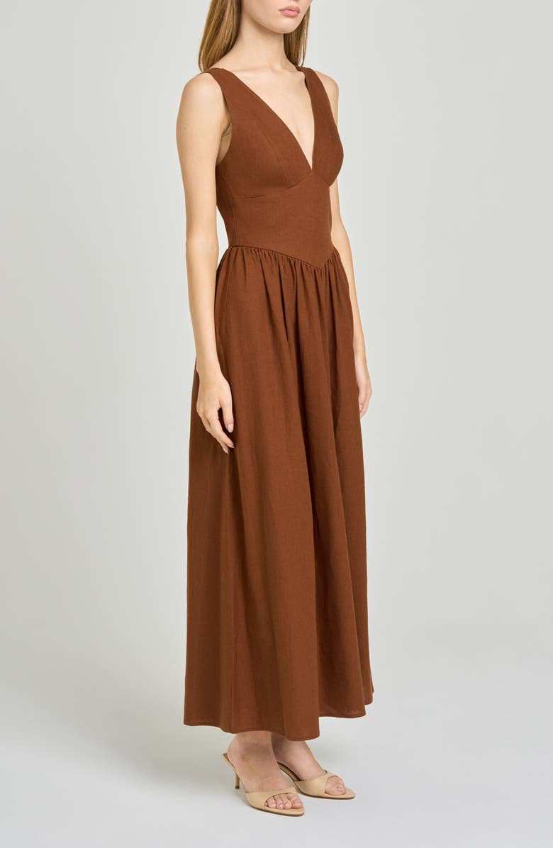 WAYF Vivia Plunge Neck Drop Waist Midi Dress, Alternate, color, Chocolate