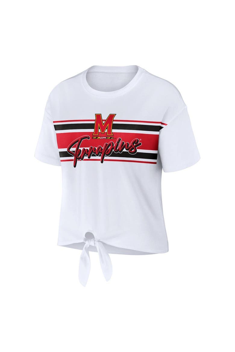 Women's WEAR by Erin Andrews White Maryland Terrapins Striped Front Knot Cropped T-Shirt, Alternate, color, White