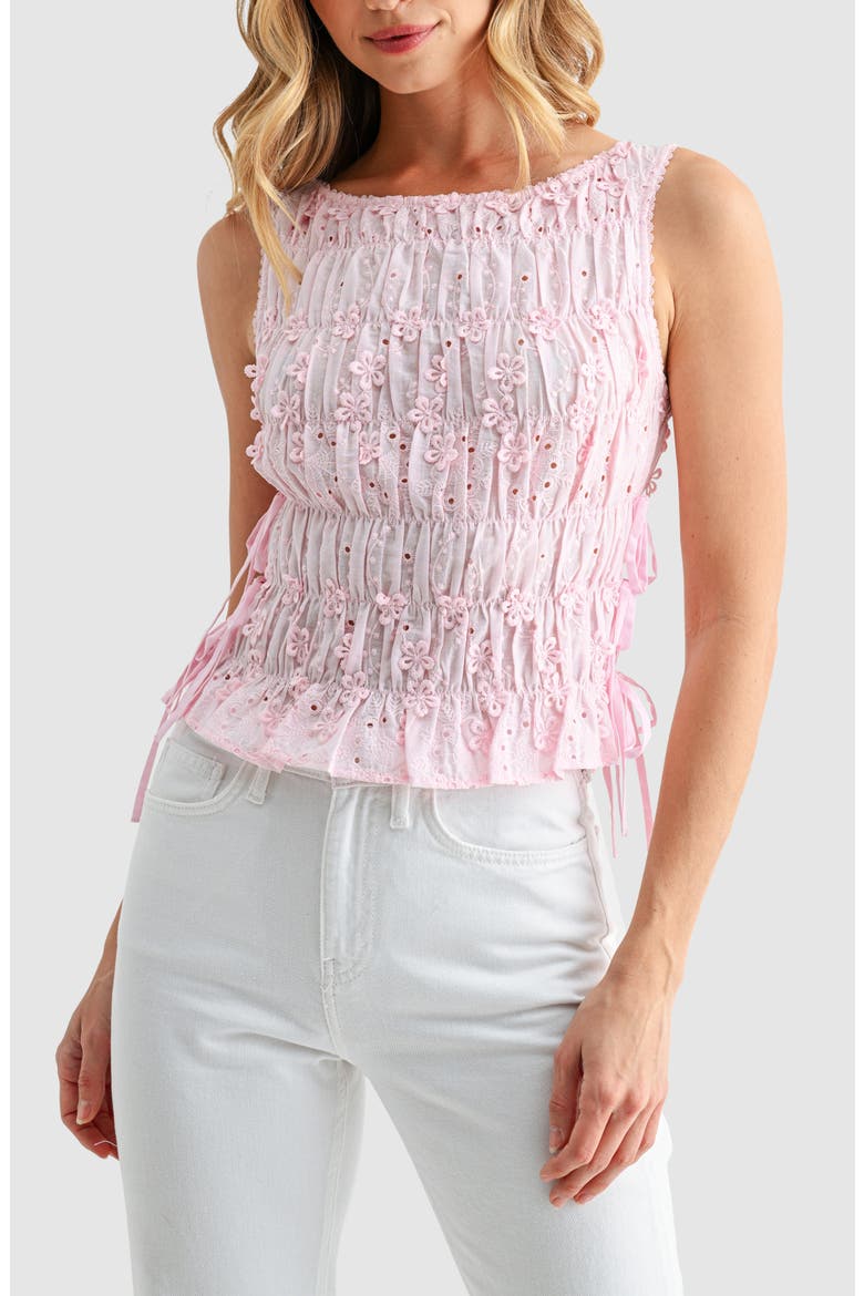 Embroidered Eyelet Smocked Sleeveless Top, Main, color, PINK