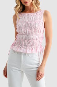 All in Favor Embroidered Eyelet Smocked Sleeveless Top