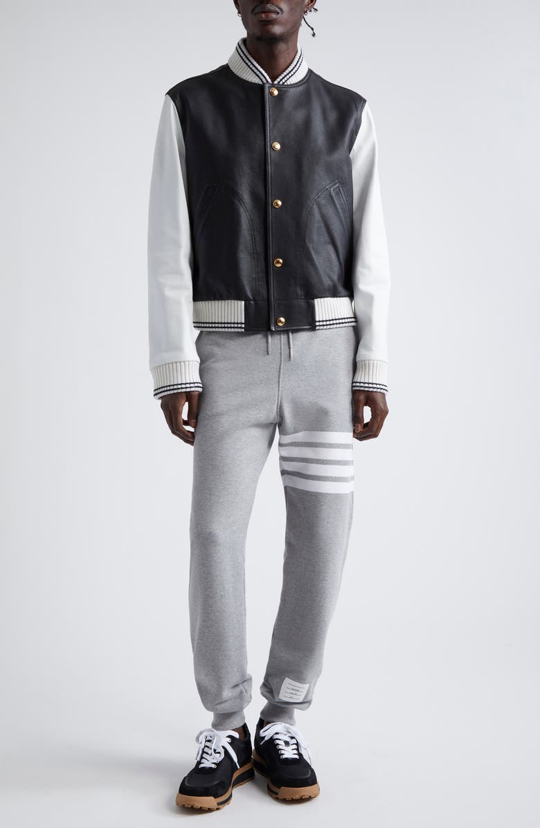 Thom Browne Mixed Media Leather & Wool Bomber Jacket, Alternate, color, Black