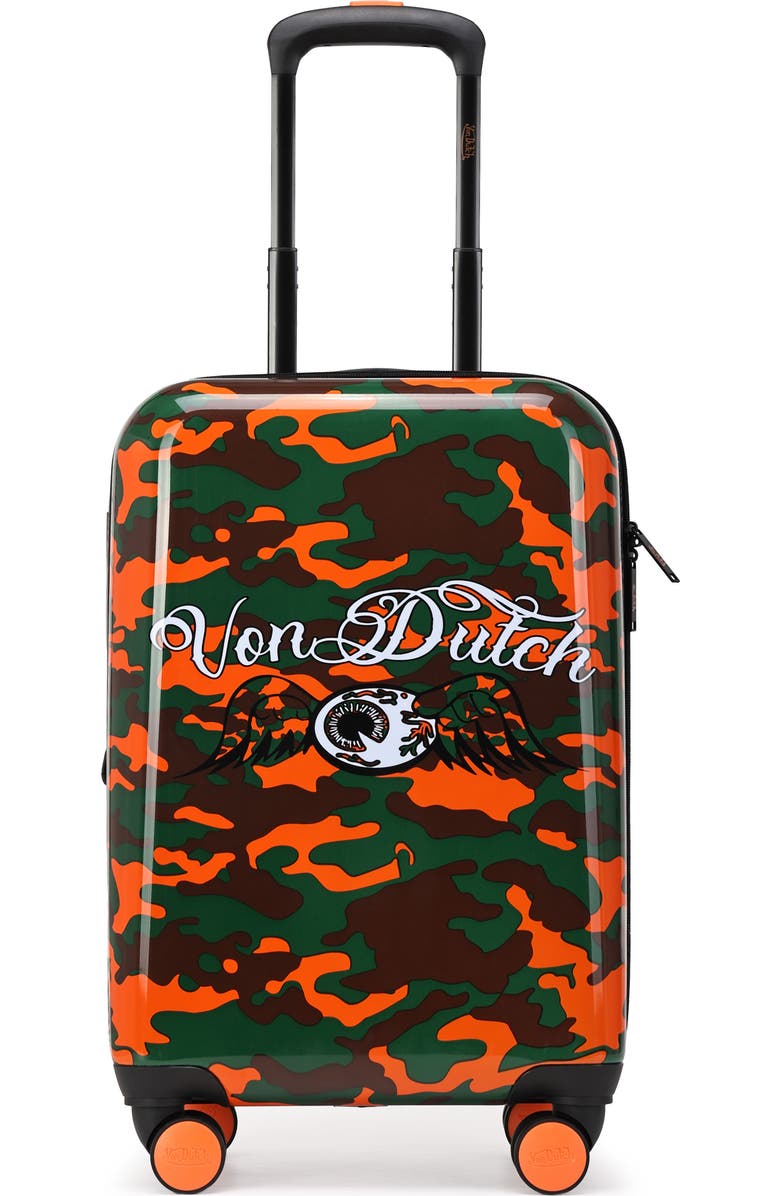 Von Dutch Orange Camo Expandable Hardside Spinner Carry-on Suitcase, Main, color, Orange Camo
