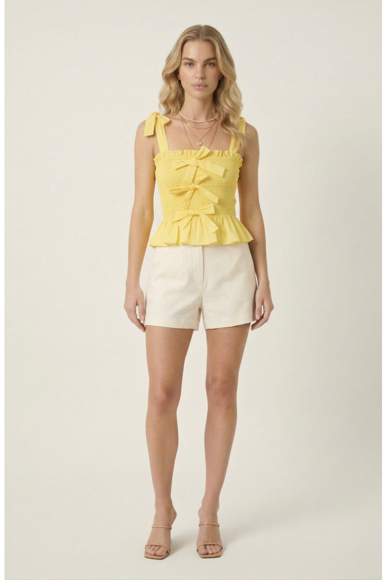 Smocked Peplum Top with Bow Tie Straps and Ruffle Hem, Alternate, color, Yellow