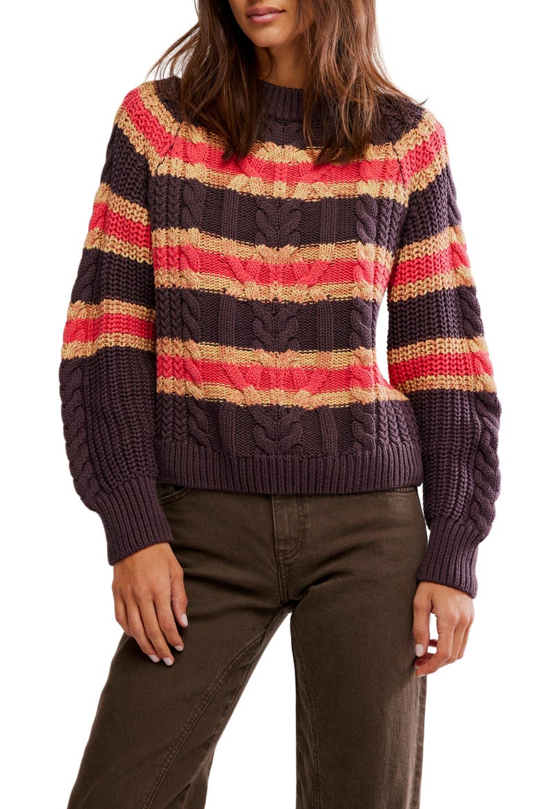 Frankie Stripe Cable Stitch Cotton Sweater, Main, color, CHOCOLATE COMBO