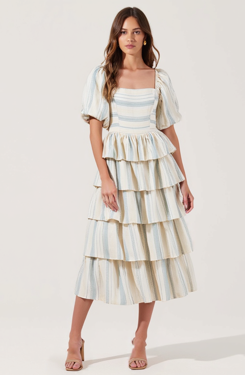 Puff-Sleeve Tiered Maxi Dress with Smocked Bodice