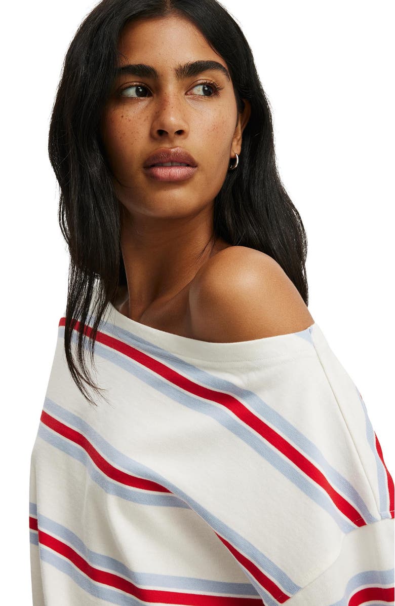 Cotton On Women's Relaxed Off Shoulder Sweatshirt, Alternate, color, Cream Red Blue Multi Stripe