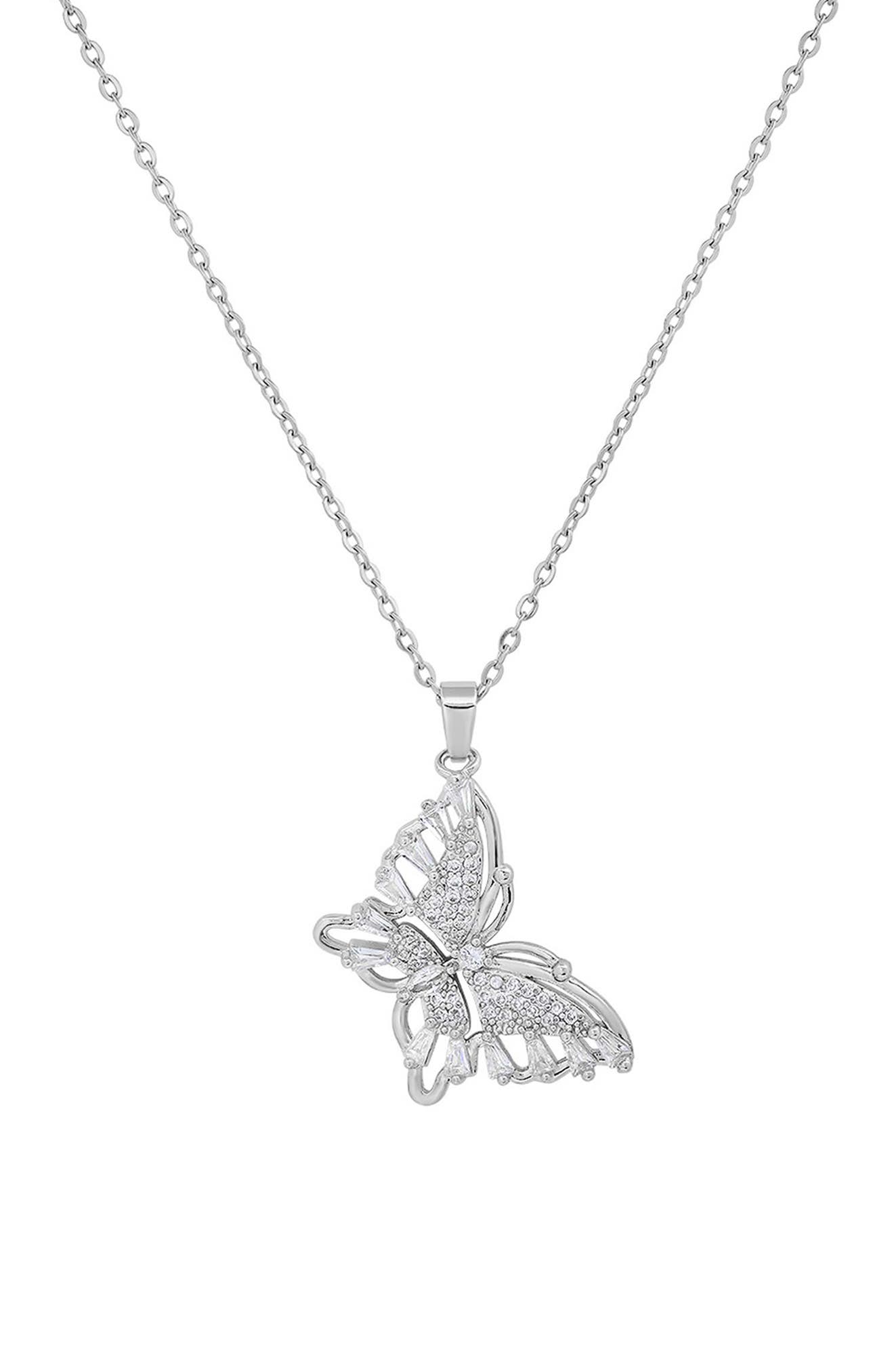 Simulated Diamond Butterfly Pendant Necklace